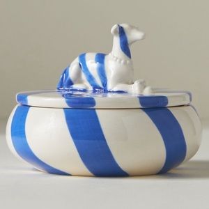 Anthropologie Francie Dog Trinket Dish White w/Blue Stripes NWT